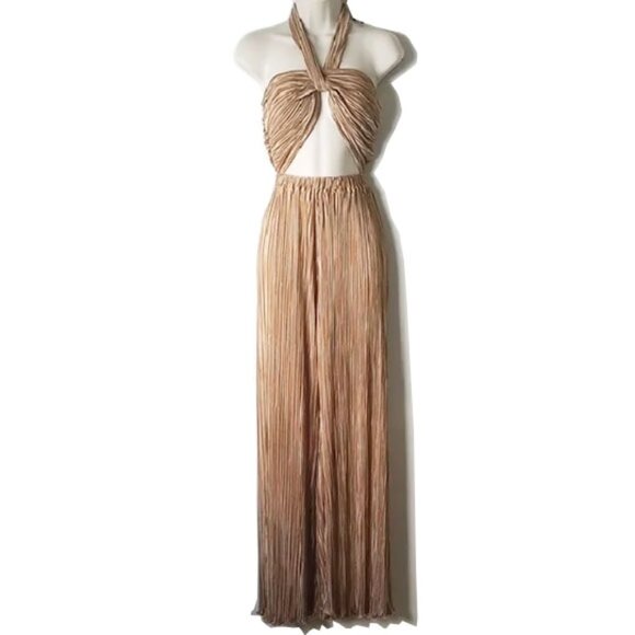 NWT LPA Baina Jumpsuit S Gold Brown Pleated Wide Leg - Picture 3 of 14